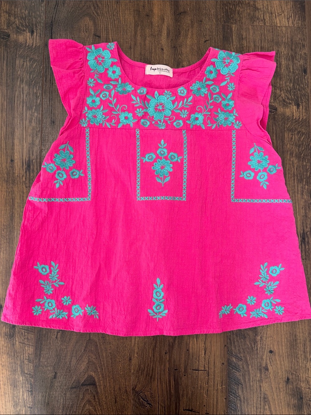 Impressions Hot Pink Top with Turquoise Floral Embroidery
